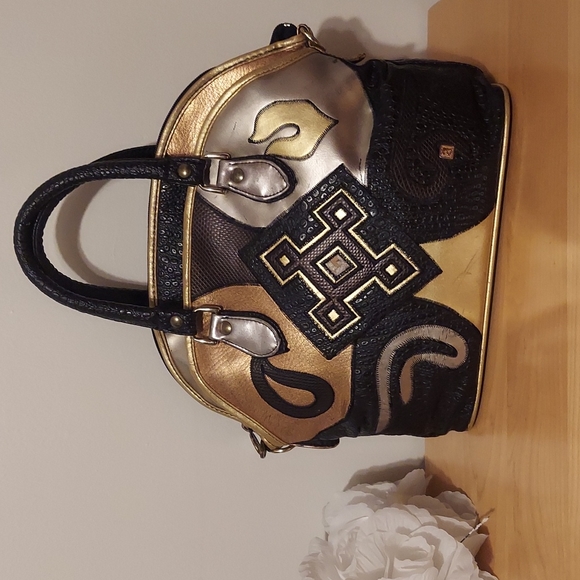 Vintage Handbags - Vintage Nas Metallic Multicolored Leather Satchel Black Brown Gold Silver